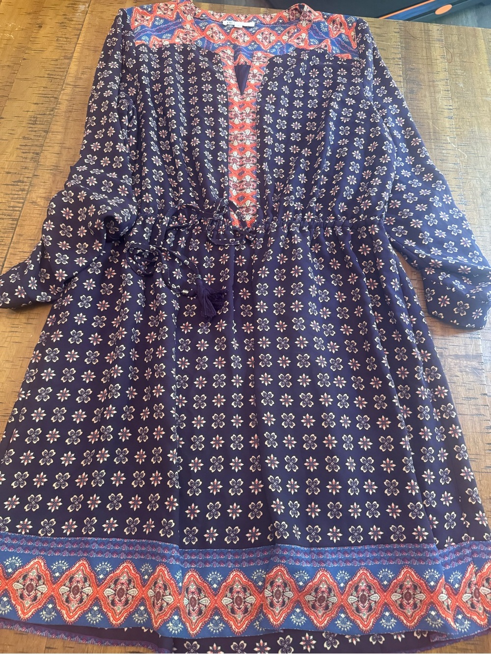 DR2 Large  Navy Floral Boho Dress with Red and Blue Trim